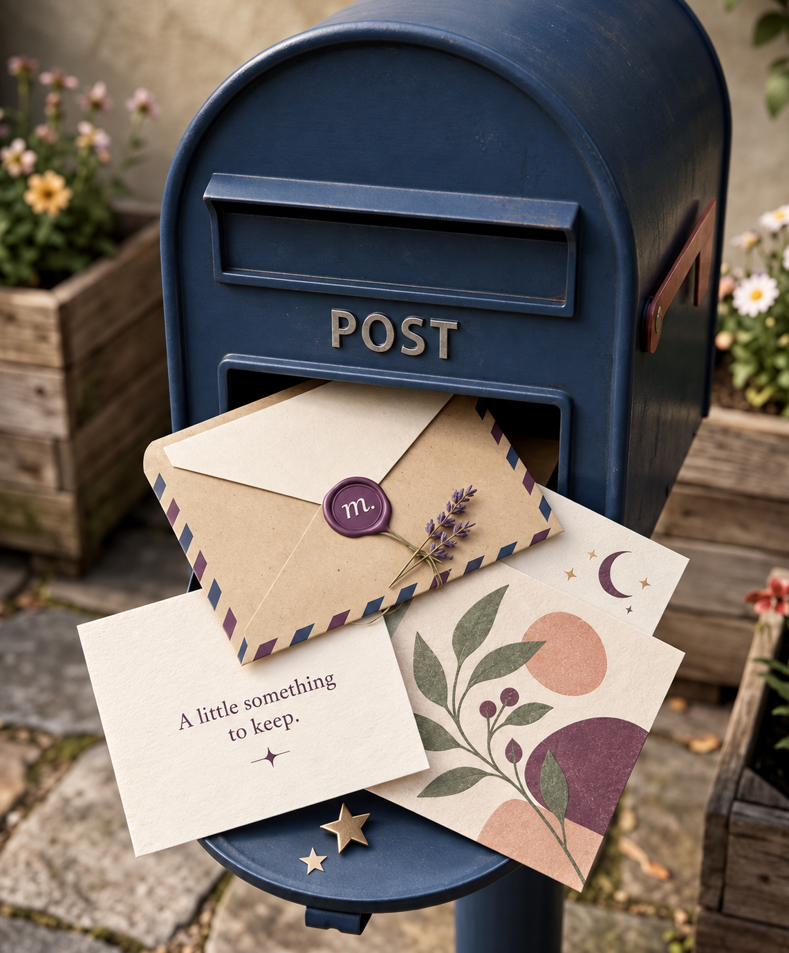 Concept artwork showing a Mystery Mail envelope and paper designs beside a navy mailbox.