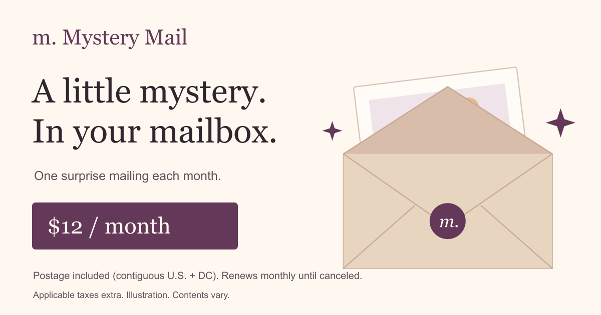 Mystery Mail club illustration and monthly offer; actual mail designs and contents vary.