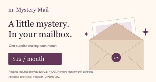 Mystery Mail club illustration and monthly offer; actual mail designs and contents vary.